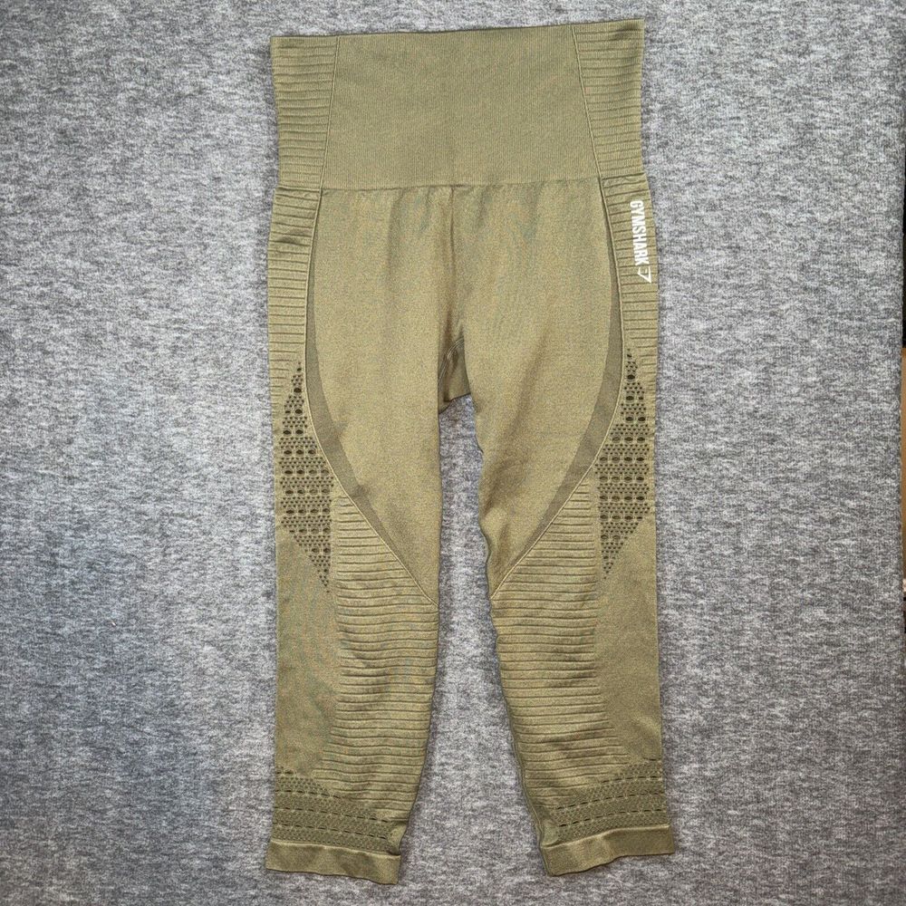 Gymshark Womens Energy Seamless Leggings Green Cutout Crop Fitted Stretch Sz XS